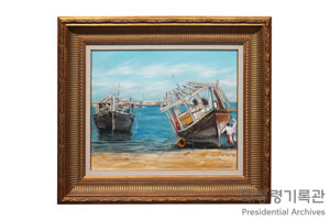 바닷가에 정박된 어선과 어부의 풍경 유화 이미지