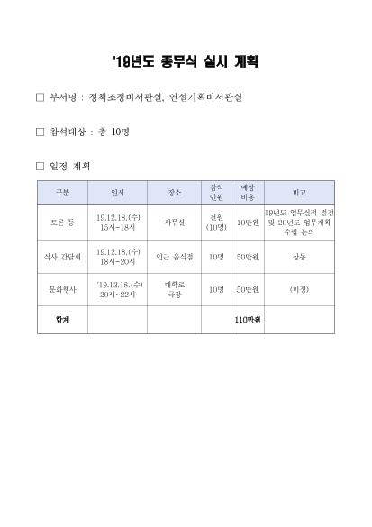 `19년 정책조정비서관실, 연설기획비서관실 종무식 개최 알림 및 관련 업무 협조 요청 썸네일