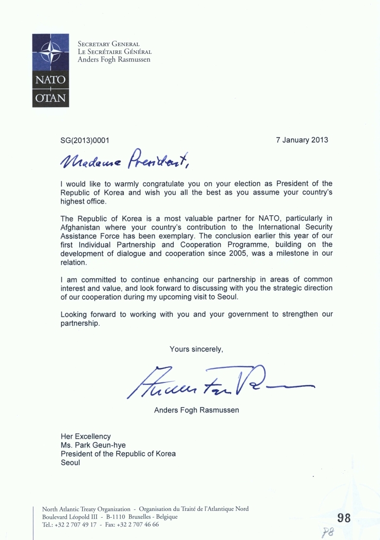NATO 사무총장(Anders Fogh Rasmussen)이 보낸 축전