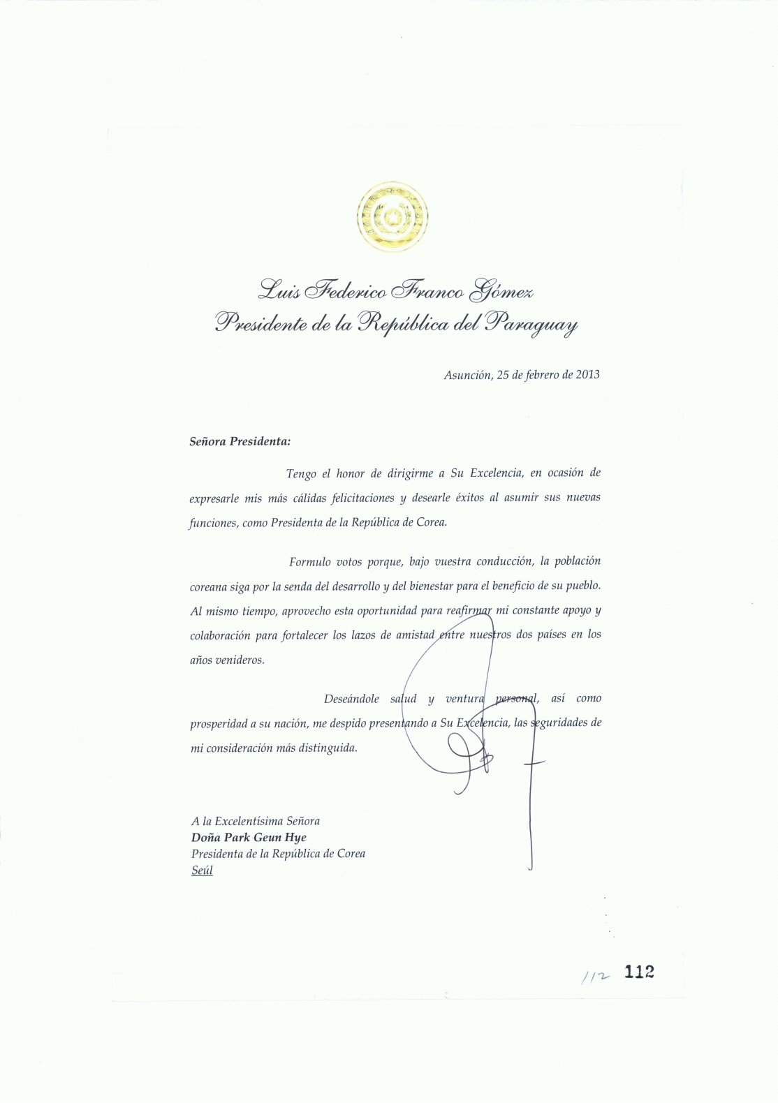파라과이 대통령(Luis Federico Franco Gomez)이 보낸 축전
